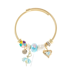 Golden steel wire bracelet with colorful enamel flowers and heart sapphire charms