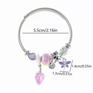 Detailed size chart of stainless steel wire bracelet with purple butterfly and beads
