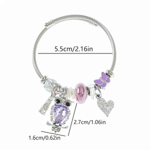 Detail of silver twisted bangle with purple owl charm and heart pendant showing dimensions