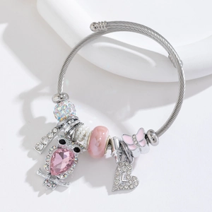 Stainless Steel Charm Bracelet Owl Heart Butterfly Pendant Rhinestone Adjustable DIY Sweet Fashion Jewelry For Women