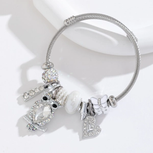 Adjustable stainless steel cable bracelet with owl and heart charms and pearl beads