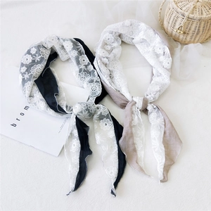 Lace trim neck scarf for women featuring floral embroidery in black and beige tones