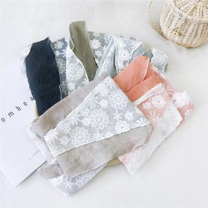 Lace patchwork cotton linen small neck scarf set in various colors with floral embroidery