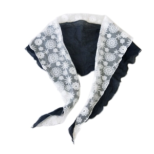 Lace patchwork triangle scarf with floral embroidery and black pleated chiffon fabric