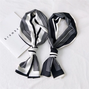 French Style Long Narrow Satin Scarf Geometric Stripe Leopard Print Lace Neck Scarf Headband Hair Accessory For Women