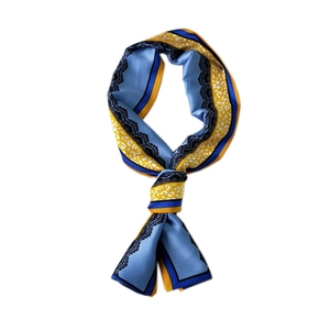 Elegant sky blue narrow silk scarf with yellow leopard print and black lace patterns