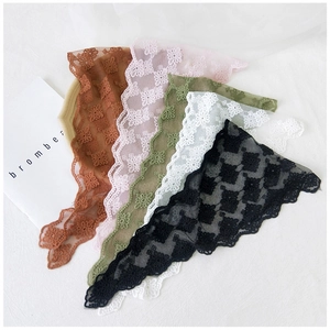 Assorted colors of floral embroidered lace bandanas with scalloped edges and mesh texture