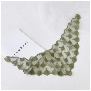 Detail of green lace scarf showing intricate floral embroidery and scalloped edges
