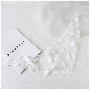 Detailed view of white floral embroidery lace with scalloped edges and transparent texture