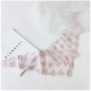 Detail of light pink floral lace embroidery with elegant scalloped edges on a sheer scarf