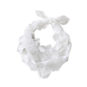 Elegant white lace embroidered triangle scarf with floral patterns and adjustable tie