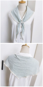 Close-up of light green plaid cotton neckerchief with delicate white lace edge detailing