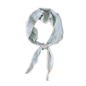 Green and white plaid cotton linen scarf with elegant lace trim in a tied bow style