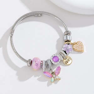 Adjustable stainless steel charm bracelet with pink butterfly, glass beads and love heart