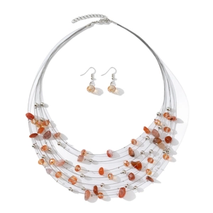Bohemian multilayer gemstone necklace and earrings set with amber crushed stone beads
