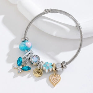Stainless steel adjustable wire bracelet with blue butterfly and love heart charms