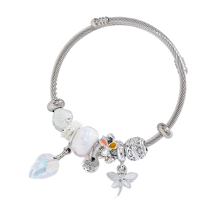 Adjustable wire bangle with dragonfly charm, heart pendant and handmade beads