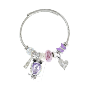 Adjustable stainless steel wire bracelet with purple owl and heart crystal charms