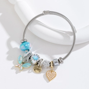 Stainless Steel Twisted Wire Bracelet Women Crystal Butterfly Heart Pendant Beads Charm Bangle Sweet Romantic Jewelry