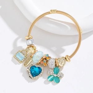 Bracelet Jonc En Fil D'acier Inoxydable Charmes En Alliage Coeur Fleur Cristal Strass Gravé Amour Bijoux Femmes