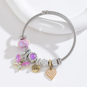 Silver steel beaded bracelet with crystal butterfly, glass beads and heart charms