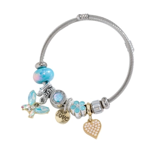 Adjustable stainless steel charm bracelet with butterfly, love heart and blue beads