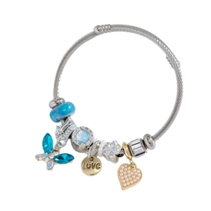 Beaded stainless steel charm bracelet featuring blue butterfly and gold heart pendants