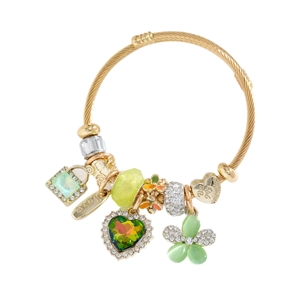 Bracelet doré ajustable avec breloques cœur et fleur et gravure romantique