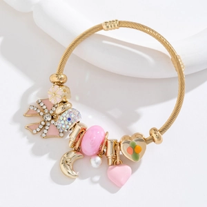 Bracelet Jonc Acier Inoxydable Ajustable Plaqué Or Avec Breloques Papillon Cœur Lune Künstliche Perle Bijoux Doux Pour Femme