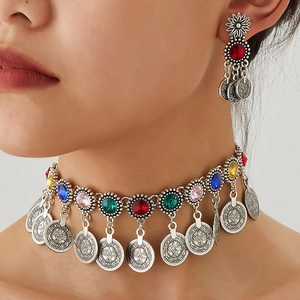 Vintage Bohemian Alloy Rhinestone Coin Pendant Choker Necklace And Earrings Ethnic Middle Eastern Style For Women
