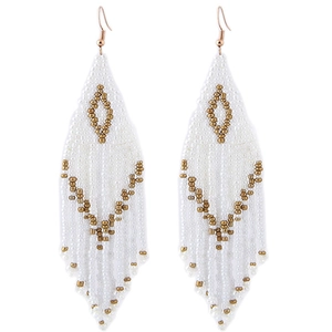 Bohemian white seed bead fringe earrings with gold diamond patterns for women