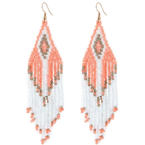 Bohemian seed bead tassel earrings with pink and bronze geometric patterns