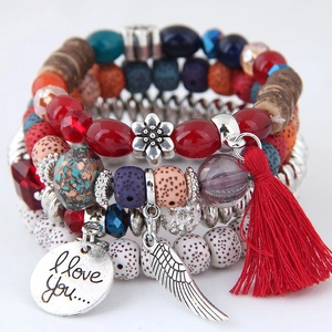Bohemian Multilayer Beaded Bracelet Alloy Wing Tassel Charm Ethnic Retro Style Elastic Strand Jewelry