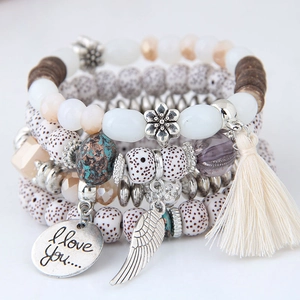 Bohemian multilayer beaded bracelet set with tassel charms and I Love You pendant