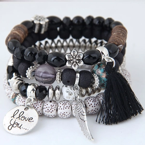 Bohemian multi-layer beaded bracelet set with lava stone, tassels and feather charms