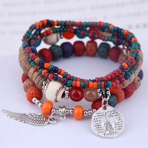 Multilayer Beaded Bracelet Alloy Resin Wood Lava Stone Feather Tower Charm Bohemian Ethnic Jewelry Women
