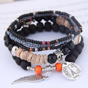 Bohemian multi-layer beaded bracelet set with lava stone and Eiffel Tower charm
