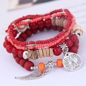 Bohemian multilayer beaded bracelet with Paris tower and feather silver charms