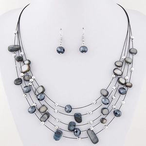 Bohemian multi-layer necklace and earring set with grey shells and metallic beads