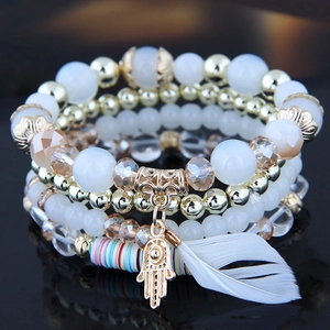 Bracelet Perles Multicouches Bohème Avec Pendentif Main De Hamsa Et Plume En Alliage Bijou Mode Pour Femmes