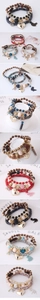 Detail of bohemian multilayer bracelet featuring a gold heart charm and metallic tassel