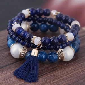 Bohemian Multi-layer Beaded Bracelet Alloy Acrylic Faux Artificial Pearl Tassel Elastic Vintage Jewelry For Women