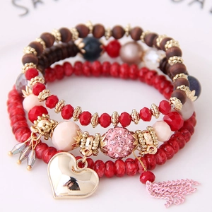 Bohemian multi-layer beaded bracelet set with crystal heart pendant and pink tassel