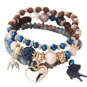 Bohemian multi-layer beaded bracelet set with blue crystal, gold heart and tassel charms