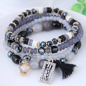Bracelet Perles Multicouches Bohème Alliage Cristal Strass Résine Gland Happy Lettre Charme Bijoux Vintage Pour Femmes