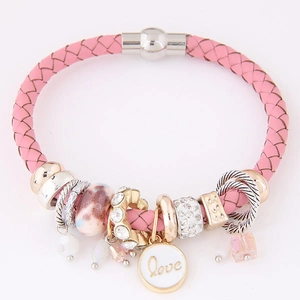 Bracelet À Breloques En Cuir Tressé Alliage Strass Perles Cristal Pendentif Cœur Love Bijoux Bohême Pour Femmes