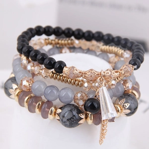 Bohemian multi-layer beaded bracelet set with crystal charms and golden metal accents