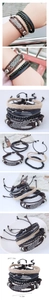 Detailed view of multilayer leather bracelet set with feather charm and dimensions
