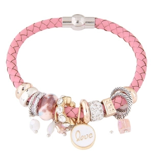 Bracelet bohème en cuir rose avec perles et breloque Love dorée pour femmes