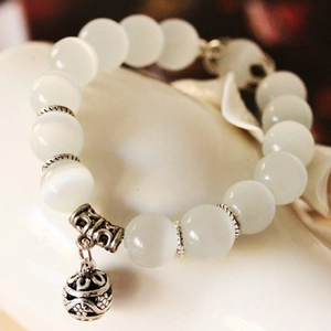 Women Beaded Bracelet Cat's Eye Stone Alloy Hollow Sphere Pendant Retro Ethnic Style White Lucky Jewelry Gift